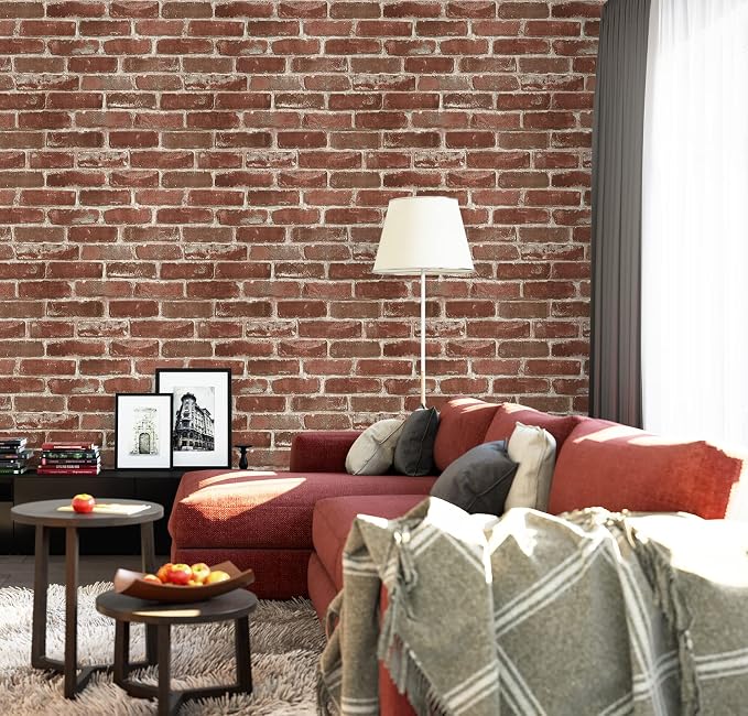Hopeak Red Brick Wallpaper Self-Adhesive Peel and Stick Waterproof and Removable Good for Home Decoration and Furniture Renovation 17.5X 196 Inches - Image 5