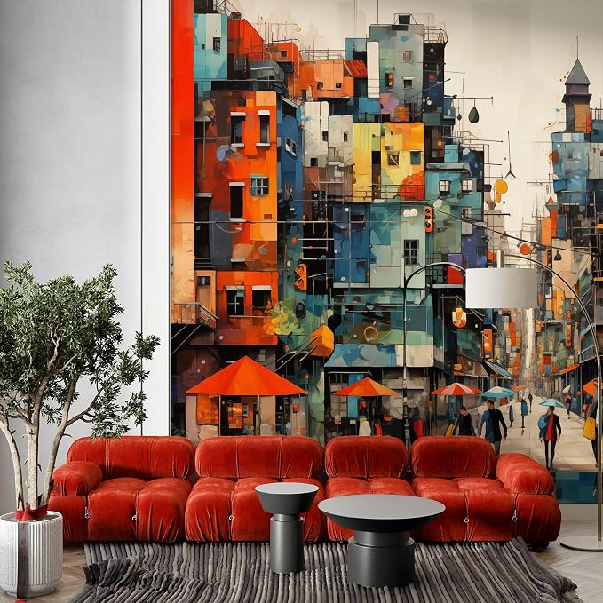 Zeeko Colorful Modern City Wall Murals 3D Peel and Stick 148" W x 98" H | Hand Painted City Wallpaper Removable Graffiti Wall Paintings People Building Abstract Wall Decor for Bedroom Bathroom Office - Image 6