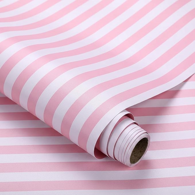 Drydiet Pink and White Striped Wallpaper Peel and Stick 15.8 x 118.1 in | Striped Wallpaper, Self Adhesive Removable, Wall Sticker Paper for Home Locker Dorm Classroom Bedroom Living Room Decor by Drydiet