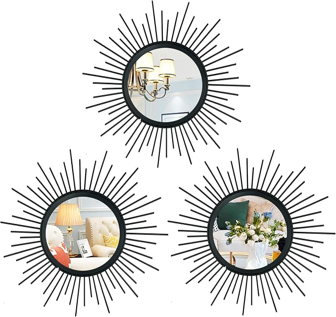 3 Pack Metal Mirrors for Wall Sunburst Wall Mirrors Home Décor Decorative Hanging Wall Art for Living Room Bedroom Entryway (Black, Sunburst) by Uaussi