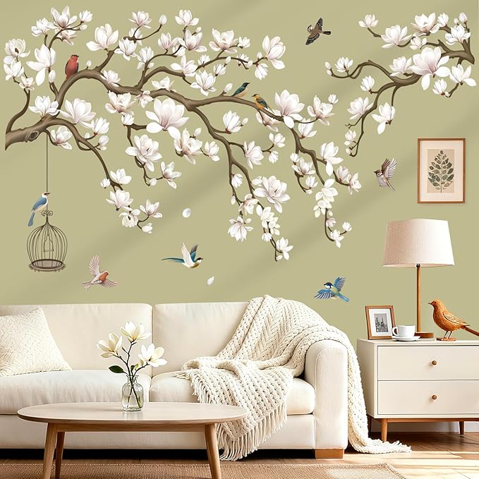 wondever Magnolia Tree Branch Wall Decals White Flowers Wall Stickers | Peel and Stick, Removable, Wall Art Decals, Wall Decoration, Living Room Bedroom, Office Sofa TV Home Wall Decor by wondever