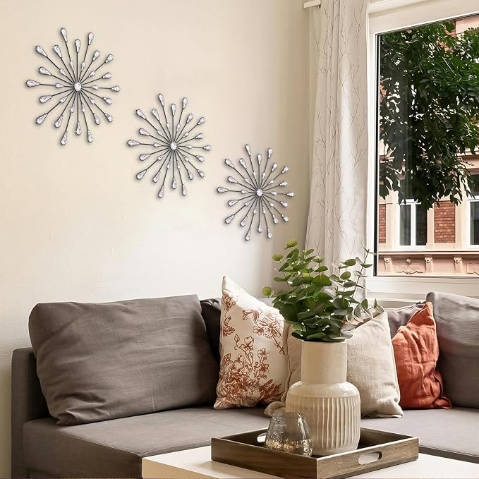 ZEXUIRU 3 Set Black Starburst Wall Art for Home Decor Metal Bling Crystal Rhinestones Sunburst Wall Decor Sparkling Rhinestone Art Accent Black - 13in - Image 3