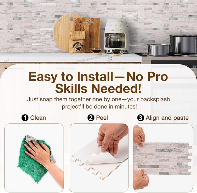 Peel and Stick Backsplash Tile Waterproof Removable PVC Wall Sticker 3D Faux Stone Marble Brick White Accent Panels (Polished Eurasia Silver - Gray, 20 Tiles - 9 sq. ft. (0.84 M²)) - Image 5