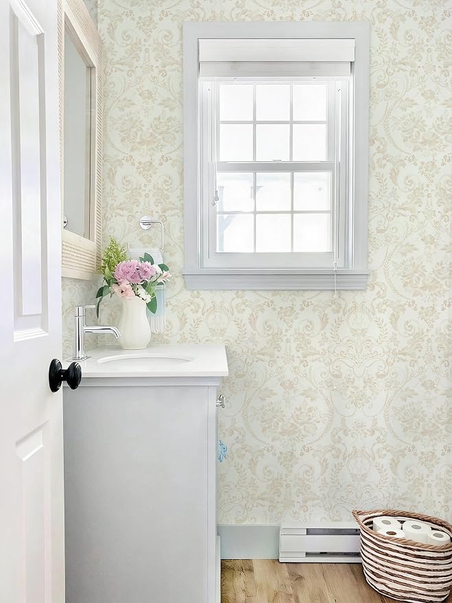 Ismoon Floral Peel and Stick Wallpaper Vintage Beige Contact Paper Watercolor Damask Wallpaper Boho Waterproof Removable Self-Adhesive Wall Paper for Bedroom Shelf Cabinet Décor 17.3in x 32.8ft - Image 6