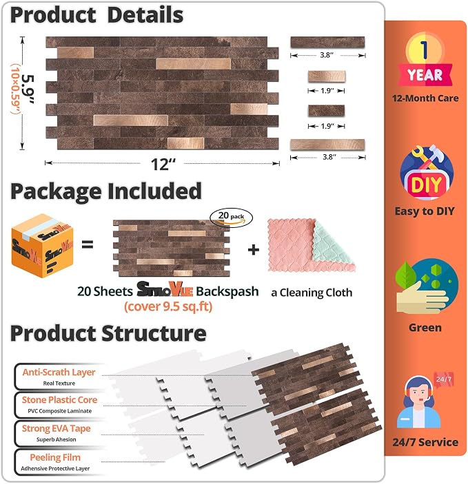 StyloVue 20 Sheets Peel and Stick Backsplash for Kitchen, Dark Brown with Metal Gold Look Stick on Tile Upgrade Your Kitchen Backsplash, RV, Fireplace - Image 4