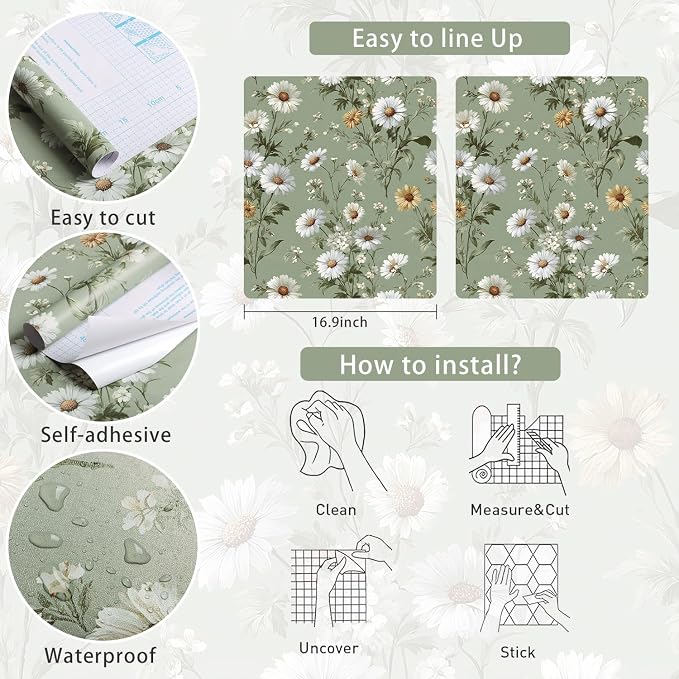 Livebor Floral Peel and Stick Wallpaper Green Wallpaper 16.9in x393.7in | Daisy Floral Contact Paper Flower Wallpaper Peel and Stick Modern Self Adhesive Removable Wall Paper for Bedroom Vinyl - Image 6