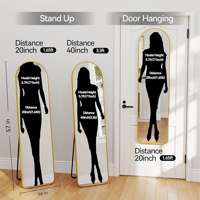 57x16" Full Length Mirror Floor Stand,Over the Door,Wall Mounted Gold - Image 2