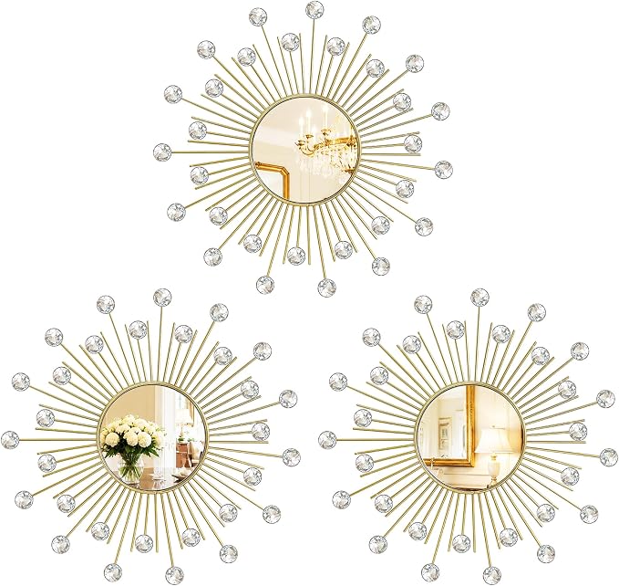 3 Pack Metal Mirrors for Wall Sunburst Wall Mirrors Home Décor Decorative Hanging Wall Art for Living Room Bedroom Entryway (Gold2 Crystal, Sunburst) by Uaussi