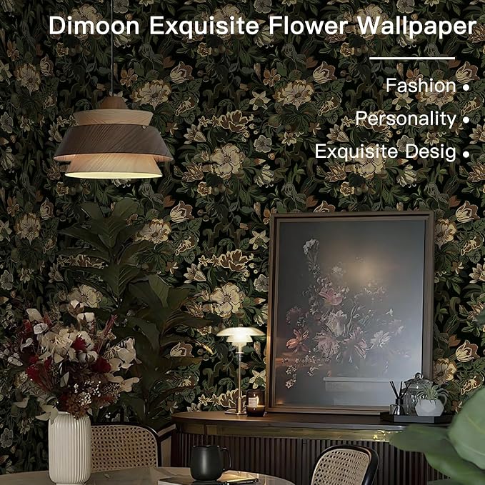 Dimoon 17.3"x393" Dark Wallpaper Peel and Stick Moody Vintage Victorian Floral Contact Paper Green Gothic Wallpaper for Bedroom Flower Leaf Yellow Renter Friendly Wall Paper Removable Vinyl Roll - Image 2