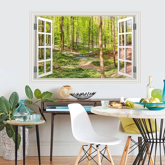Fake Window Wall Decal- Spring Green Forest Tree Open Wall Art Sticker | Faux Window Grassy Hills & Wildflowers Natural Landscape Mural｜Stick and Peel Wall Decals｜for Room Office Scene Decor｜24"x16" - Image 7