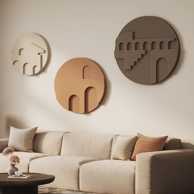 3D Textured Round Neutral Abstract Boho Wall Art for Living Room, 3 Piece | Modern Minimalist Geometric Sculpture Artwork for Walls, Bohemia Earth Tone Paintings, Bedroom Dining Room Office Wall Decor by Cuspin