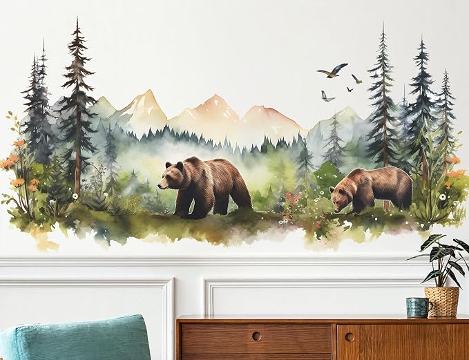 Large Jungle Animals Wall Decals Forest Tree Wall Decal Peel and Stick Woodland Bear Fox Deer Wall Stickers Giant Mountain Art for Bedroom Nursery Room FX-C432 by RAINBOWWSK