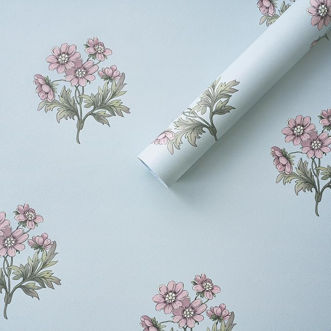Toduso Peel and Stick Wallpaper Blue Wallpaper with Pink Floral Vintage Contact Paper Flower Removable Self Adhesive Waterproof Wall Paper for Farmhouse Bedroom Bathroom Living Room 17.3''x196.8'' by Toduso