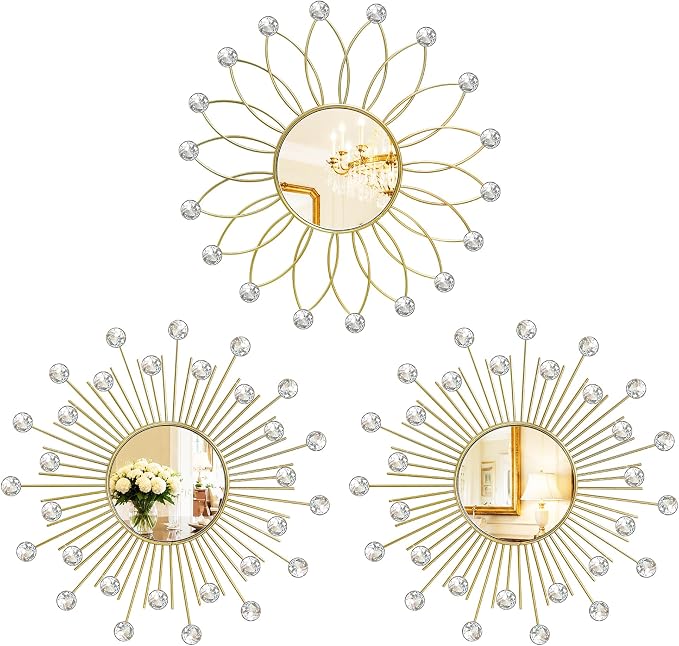 3 Pack Metal Mirrors for Wall Sunburst Wall Mirrors Home Décor Decorative Hanging Wall Art for Living Room Bedroom Entryway (Gold2 Crystal, Flower+Sunburst) by Uaussi