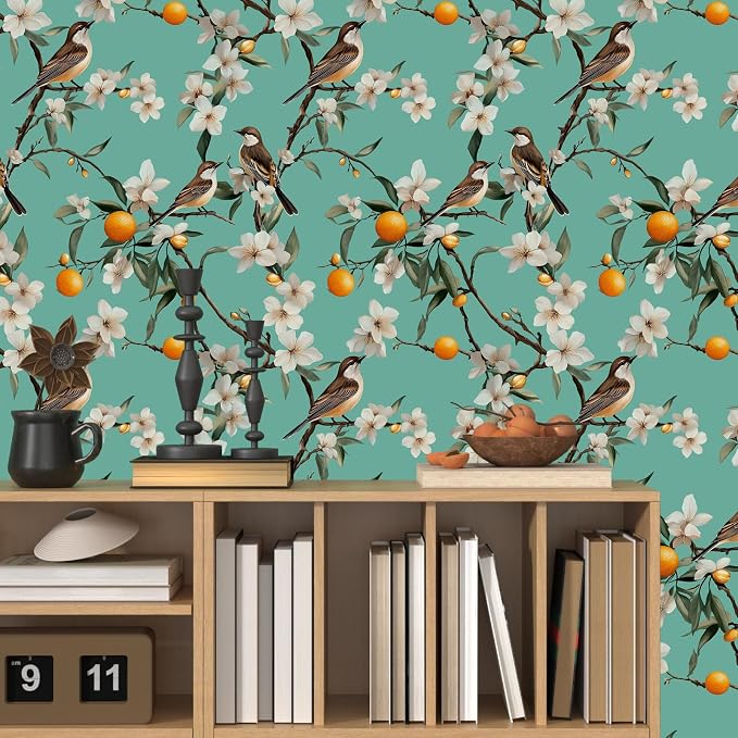 Laatse Vintage Floral Bird Wallpaper Peel and Stick 17.5" × 118", White | Self Adhesive/Removable/Waterproof/Thick Vinyl Contact Paper for Bathroom Bedroom Shelf Cabinet Drawer,Prepasted,Easy Peel - Image 3