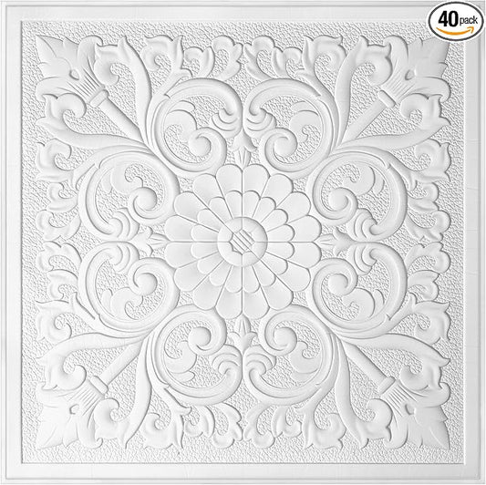 Nuanchu 40 Pcs 13.8 x 13.8 Inch Ceiling Tiles Peel and Stick, Flower | Foam White 3D Wall Panels 26-105.5 Sq. ft Adhesive Glue up Waterproof Wallpaper for DIY Office Home by Nuanchu