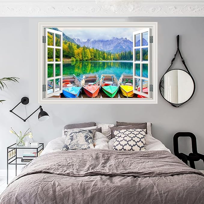 Fake Window Wall Decal- Far Mountains Forest Lakes Boat Open Art Sticker | Faux Window Natural Scenery Landscape Mural ｜ Stick and Peel Wall Decals｜Room Bedroom Office Decor｜48"x32",Set of 2 Sheets - Image 9