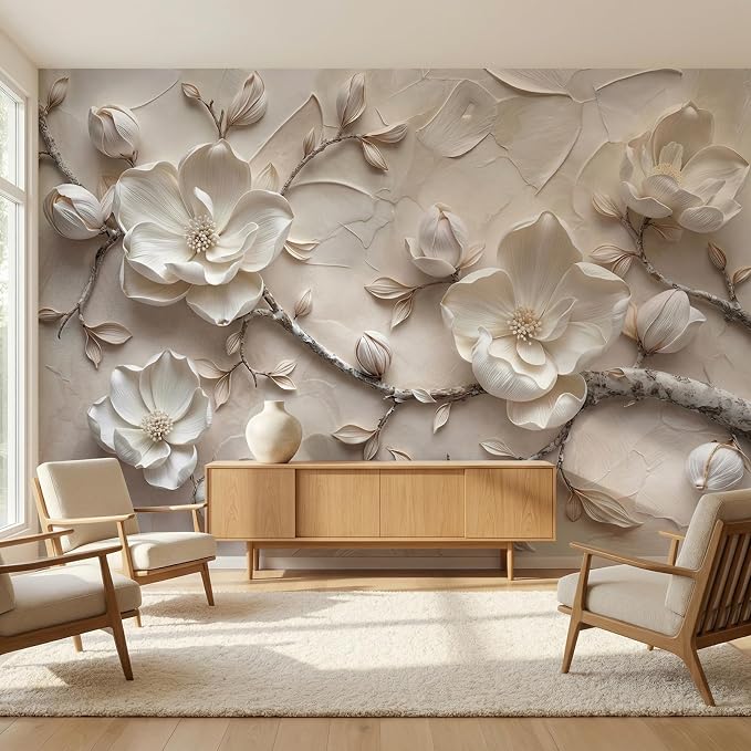 MFWFM Floral Peel and Stick Wallpaper 3D Relief Magnolia Flower Wall Mural | 137"x96", for Bedroom Living Room Bathroom, Self Adhesive Canvas - Image 2