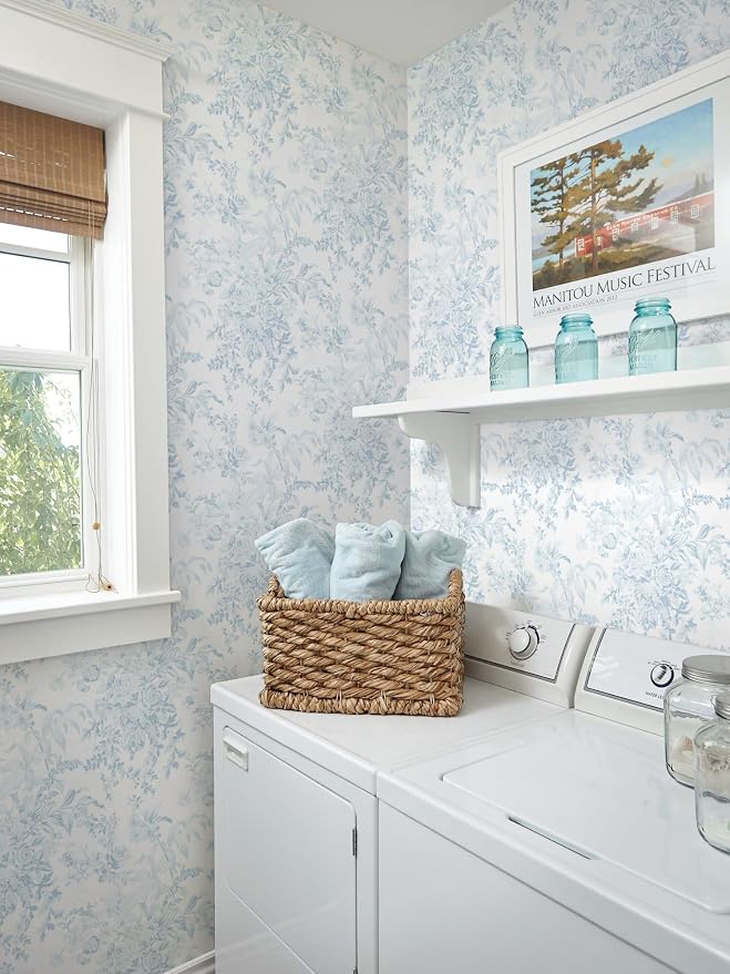 Heroad Vintage Peel and Stick Wallpaper Blue Floral Contact Paper Toile Leaf Removable Wall Paper Self Adhesive Stick On Wallpaper for Girls Nursery Bathroom Renter Friendly Vinyl Roll 17.3''X78.7'' - Image 9