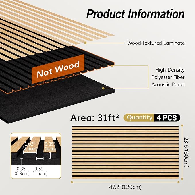 TONOR Dual-Layer Thickened Acoustic Wall Panels Self Adhesive, 4 Pack 47.2"x23.6"x0.72" High Density Large Sound Proof Panels for Walls, Peel and Stick Wall Panels for Interior Wall Décor, Oak - Image 2