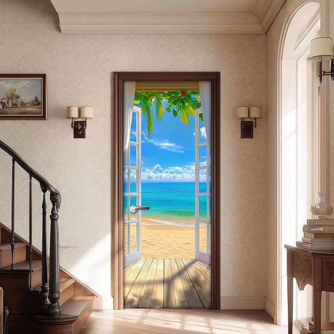HOMETITUTE Beach Ocean Wave Pier Palm Peel Stick Door 30.3x78.7 Vinyl | Wall Cover Poster Decals Removable Wallpaper Self Adhesive Bedroom Livingroom Office - Beach Scene - Image 2