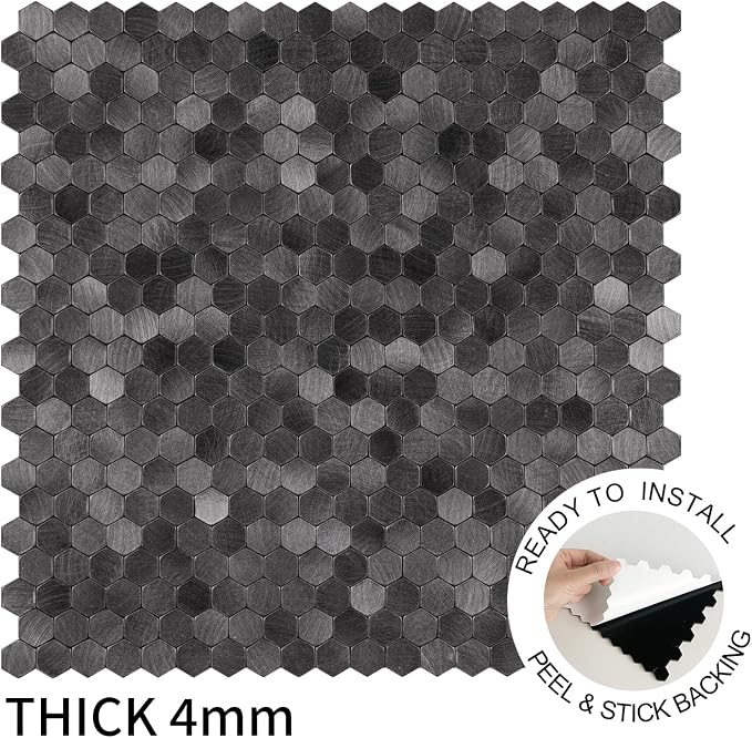 Select 5 Pack Hexagon Peel and Stick Backsplash Tiles, Brushed Black | Self Adhesive Metal Backsplash Stick On Aluminum Tiles for Kitchen Bathroom, 12” x 12” Wall Tiles w/10 Edge Pieces - Image 3