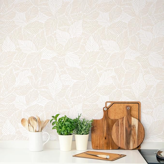 Ismoon Boho Peel and Stick Wallpaper for Bedroom Beige Leaf 17.3 X 393in | Self Adhesive Removable Textured Renter Friendly Contact Paper Botanical Wall Paper Vinyl Roll for Bathroom Kitchen Decor by Ismoon