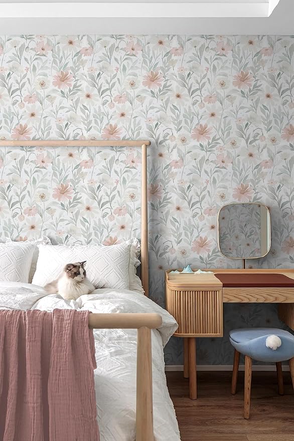 CiCiwind 17.3" × 197" Pink Floral Wallpaper for Bedroom Bathroom Wall Paper Waterproof Removable Self Adhesive Green Leaves Peel and Stick Farm Contact Paper Eco-Friendly Papel Tapiz para Pared - Image 2