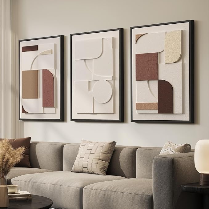 Large 3D Textured Neutral Abstract Framed Wall Art for Living Room, 3 Piece | Wood Frames, Brown and Cream, Set of 3 Sandstone Paintings, 20x30 In Modern Geometric Sculptural Wall Decor Bedroom Office - Image 2