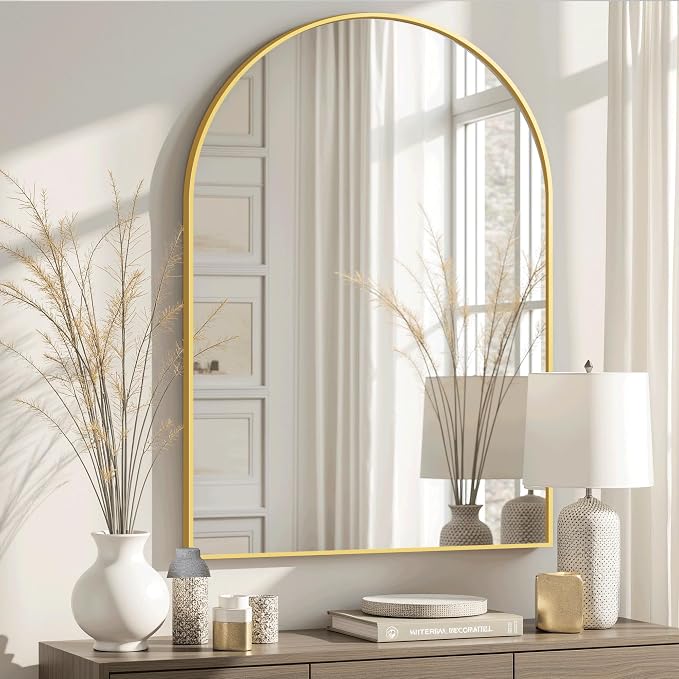 Arched Bathroom Mirror for Wall, 38" x 26" Metal Frame Vanity Mirror, Gold by TRAHOME