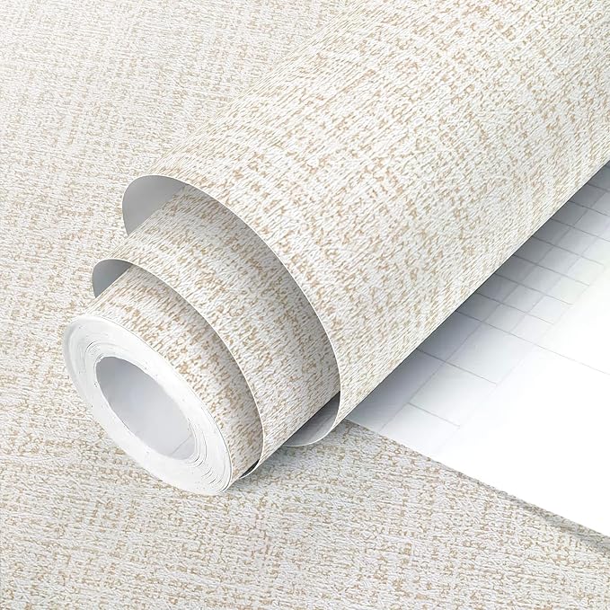 Beige Wallpaper Grasscloth Peel and Stick Wallpaper 17.7in x 118in | Faux Linen Vintage Wallpaper Textured Removable Wall Paper Grass Cloth Cabinets Bedroom for Cabinet Self Adhesive Vinyl by lenify
