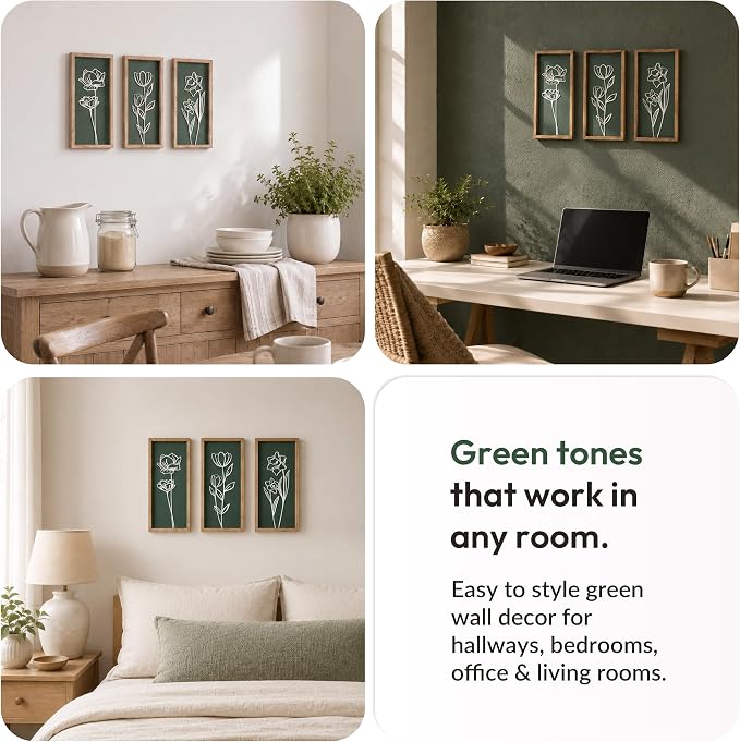 Tide and Tales 3d Green Wall Art, Wooden Botanical Wall Decor, Set of 3 | 7" x 16", Lightweight, Framed Ready-to-Hang, Bathroom Wall Decor, Bedroom, Living Room, Office, Farmhouse, Gift-Boxed - Image 6