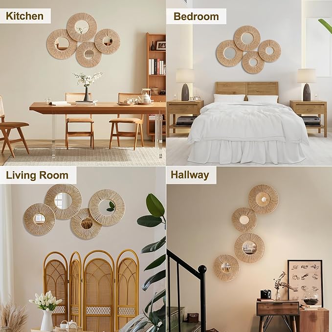 Artilady Hanging Baskets Wall Art with Mirror, 4Pcs Boho Coastal Wall Decor - Image 4