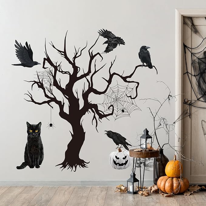 Wxiben Halloween Wall Decals Decor, 4 Pcs Halloween Wall Stickers | Skull Black Cat Tree Crow Removable Murals, Peel and Stick Decal for Home Decor Halloween Party Supplies - Image 6