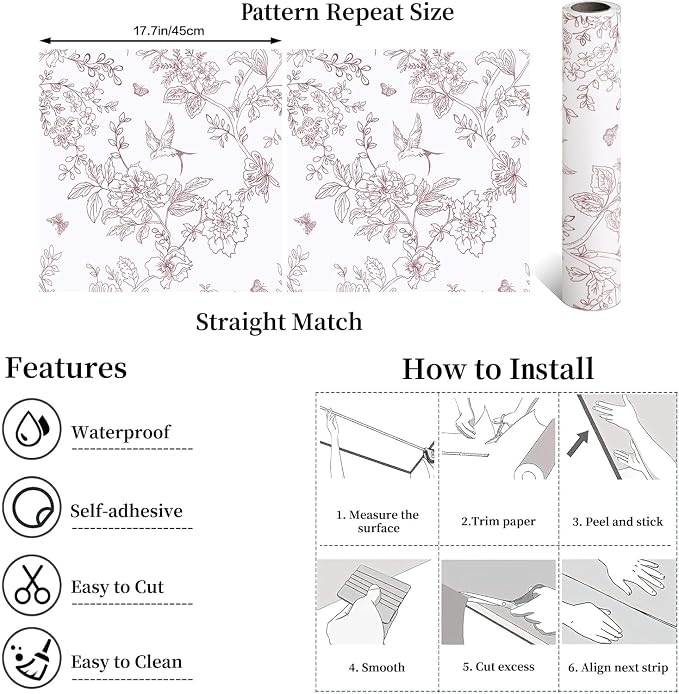 Froluya Floral Peel and Stick Wallpaper Vintage Red White 17.7in×118.1in | Red Floral Contact Paper Peel and Stick Boho Self Adhesive Wallpaper Flowers Birds Removable Wall Paper for Bathroom Decor - Image 5