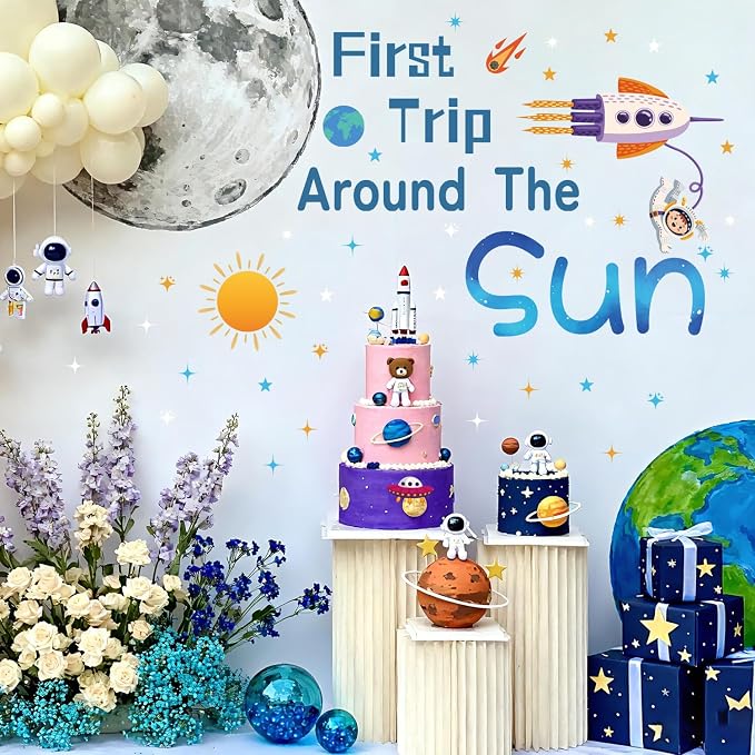 LHIUEM First Trip Around The Sun Birthday Stickers Astronaut Rocket Outer Space Murals for Baby Boy Shower 1ST Trip Around The Sun Decals Blue Planets Theme Birthday Wall Decor for Party Arch Backdrop - Image 3