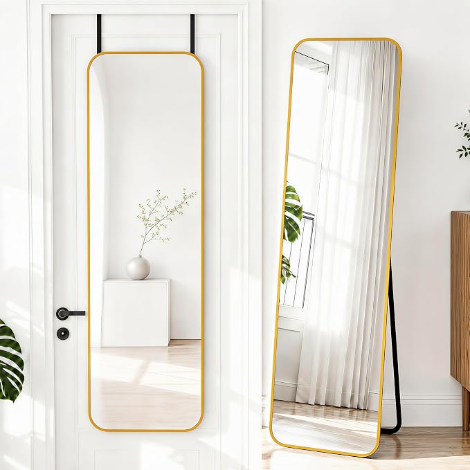 NARCISSUS Full Length Mirror 57x16 Inch, Over The Door Mirror with Stand, Wall Mounted or Freestanding/Door Hanging Full Body, Aluminum Alloy Frame, Gold by NARCISSUSMIRROR