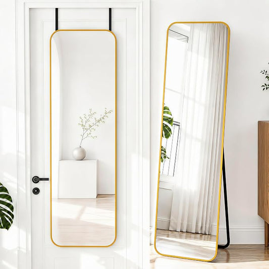 NARCISSUS Full Length Mirror 57x16 Inch, Over The Door Mirror with Stand, Wall Mounted or Freestanding/Door Hanging Full Body, Aluminum Alloy Frame, Gold by NARCISSUSMIRROR