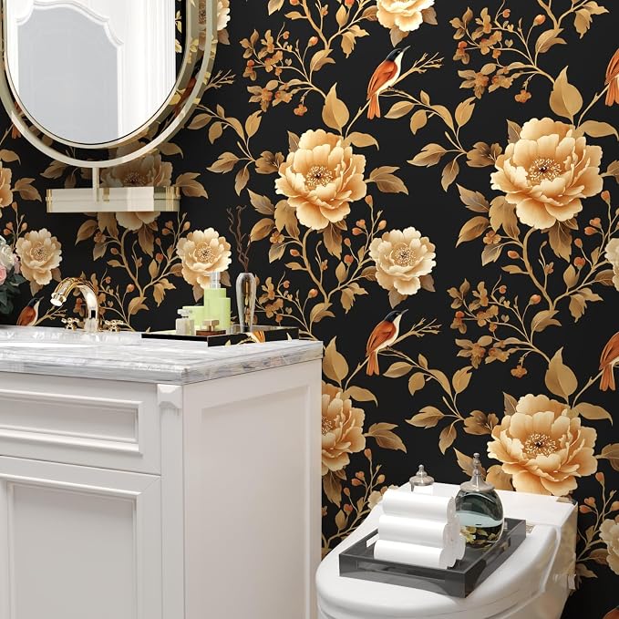 Laatse Dark Floral Bird Wallpaper Peel and Stick 17.5"x 118",Black/Golden | Self Adhesive/Removable/Waterproof/Thick Vinyl Contact Paper for Bathroom Bedroom Shelf Cabinet Drawer,Prepasted,Easy Peel - Image 5