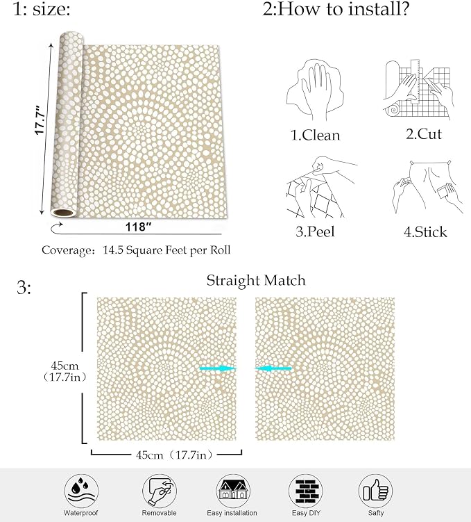 Moire Dots,Modern Dotted Wallpaper, Bohemian Contact,Modern Dotted Neutral (Beige & White) Peel and Stick Wallpaper for Home Decor | 17.7" x 118", Self-Adhesive, Waterproof Vinyl - Image 9