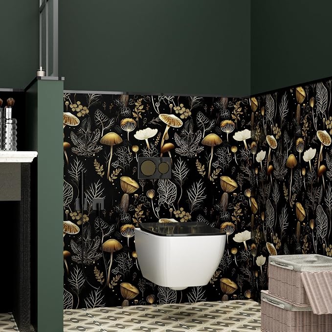 Laatse Dark Mushroom Wallpaper Peel and Stick 17.5" x 393",Black Gold | Self Adhesive/Removable/Waterproof/Thick Vinyl Contact Paper for Bathroom Bedroom Shelf Cabinet Drawer,Prepasted,Easy Peel - Image 8