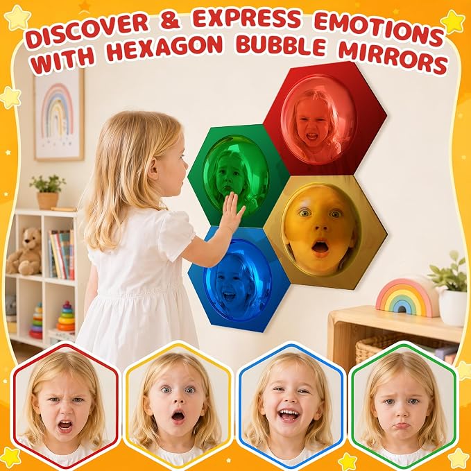 4 Pcs Honeycomb Hexagon Acrylic Sensory Bubble Mirrors for Wall, DIY Combinable Sensory Panel, Colorful Toys for Playroom & Calming Corner Supplies (Red, Yellow, Green, Blue) - Image 6