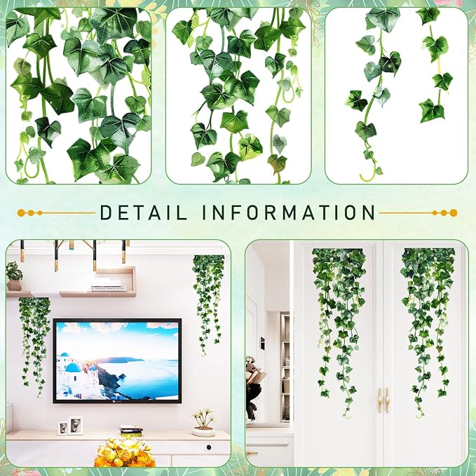 Green Plants Leaves Wall Decals Hanging Vine Wall Stickers Fresh Green Leaf Wall Art Removable Nature Botanical Vine Branches Leaves Murals for Kids Bedroom TV Background Home Decor 91 - Image 3