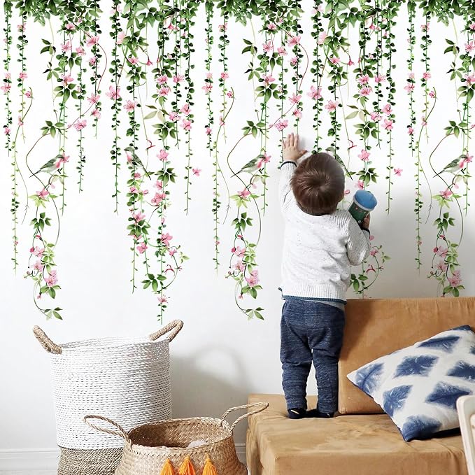 4 Sheets Hanging Vines with Flowers Wall Decals Green Plant Leaves Wall Stickers Pink Cherry Blossom Vine Wall Art Hanging Flower Tree Branches Bird Wall Murals for Kids Bedroom Nursery Decoration 20 - Image 5