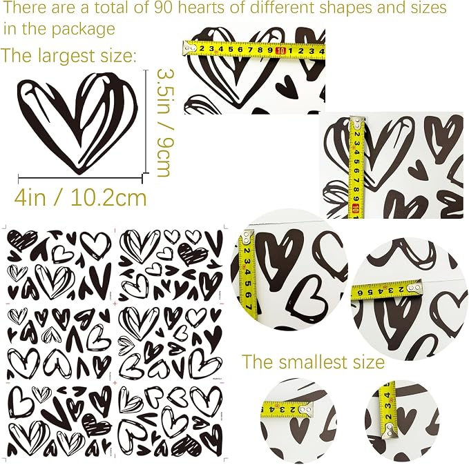 90 Pcs Black Heart Stickers Vinyl, hanlongyu 3D Heart Valentine Wall Stickers, Romantic Love Wall Decals Window Flakes Hearts Decal for Baby Bedroom Murals Removable Nursery Kids Room Decor - Image 2