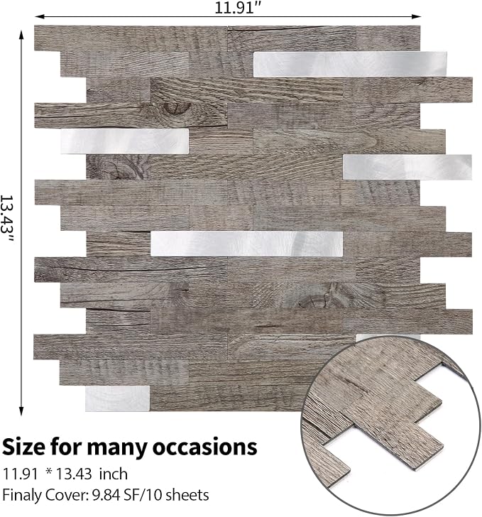 Yipscazo 10 Sheets Peel and Stick Wood Metal Tile Backsplash, Stick on Tiles for Backsplash Kitchen, Bathroom, Laundry Room, Camper, Fireplace (12'' X 12'', Light Brown Wood) - Image 5
