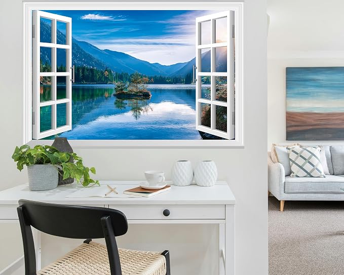 FLFK Fake Window Wall Mural - Mountain Lake Faux Window Wall Sticker for Wall Decor, Peel and Stick Wall Decals,48"x32",Set of 2 Sheets - Image 4