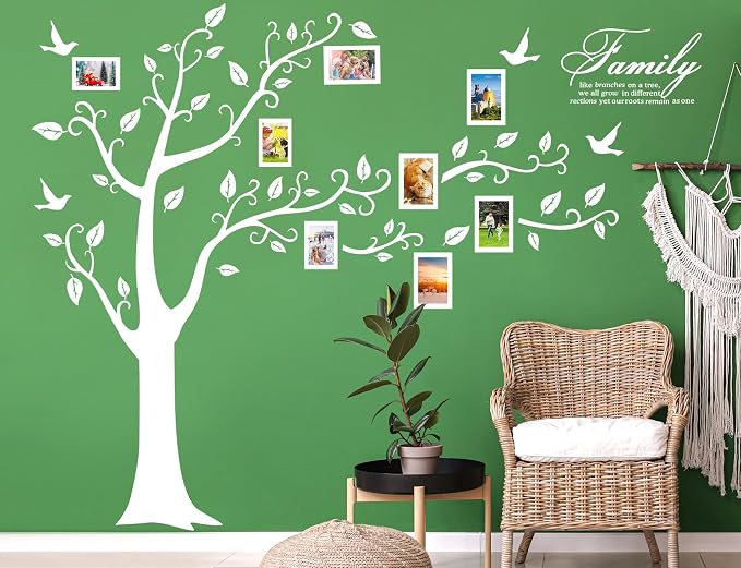 Large Family Photo Tree Wall Sticker 3D Peel and Stick Vinyl Photo Frame Tree Wall Decals Removable Quotes Leaf and Birds Wall Decor for Home Kids Bedroom Living Room Classroom Nursery R White by AMAMAONM