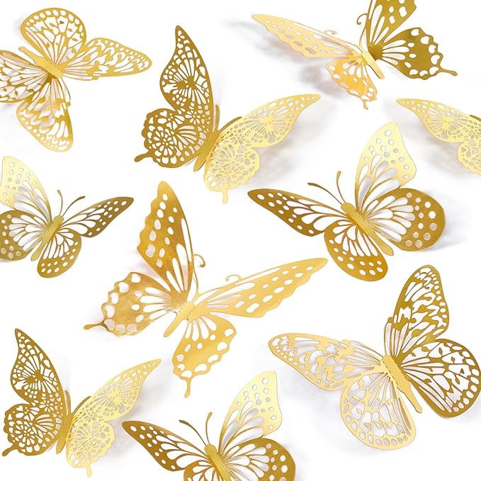SAOROPEB 3D Butterfly Wall Decor 48 Pcs Gold Butterfly Birthday Decorations | 4 Styles 3 Sizes, for Butterfly Birthday Decorations Butterfly Party Decorations Cake Decorations, Removable Stickers by SAOROPEB