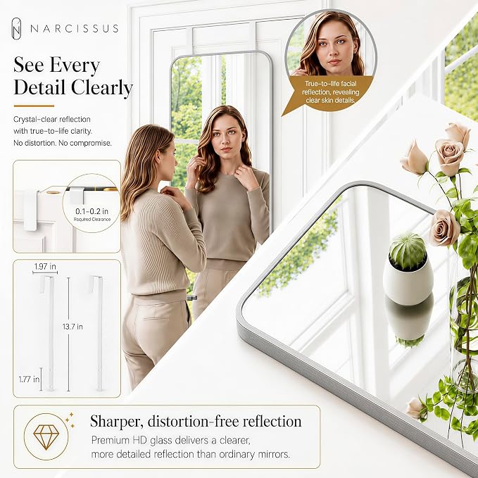 NARCISSUS Full Length Mirror 57x20 Inch, Over The Door Mirror with Stand, Wall Mounted or Freestanding/Door Hanging Full Body, Aluminum Alloy Frame, Silver - Image 8